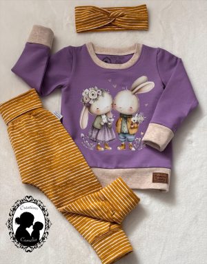 Ensemble duo lapins violet/moutarde